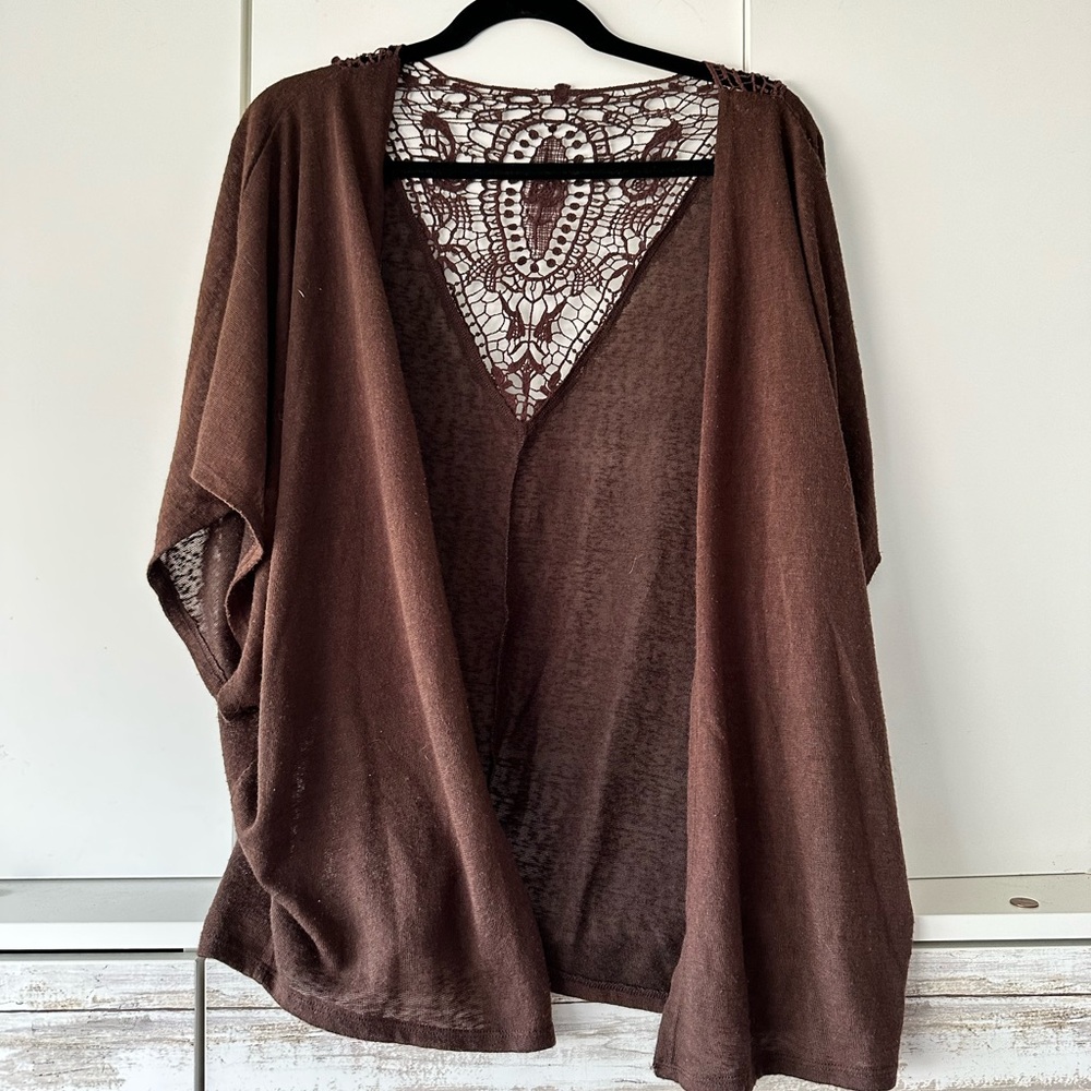 🤎 Boho Lace Back Kimono Cardigan Brown Open Front One Size Oversized